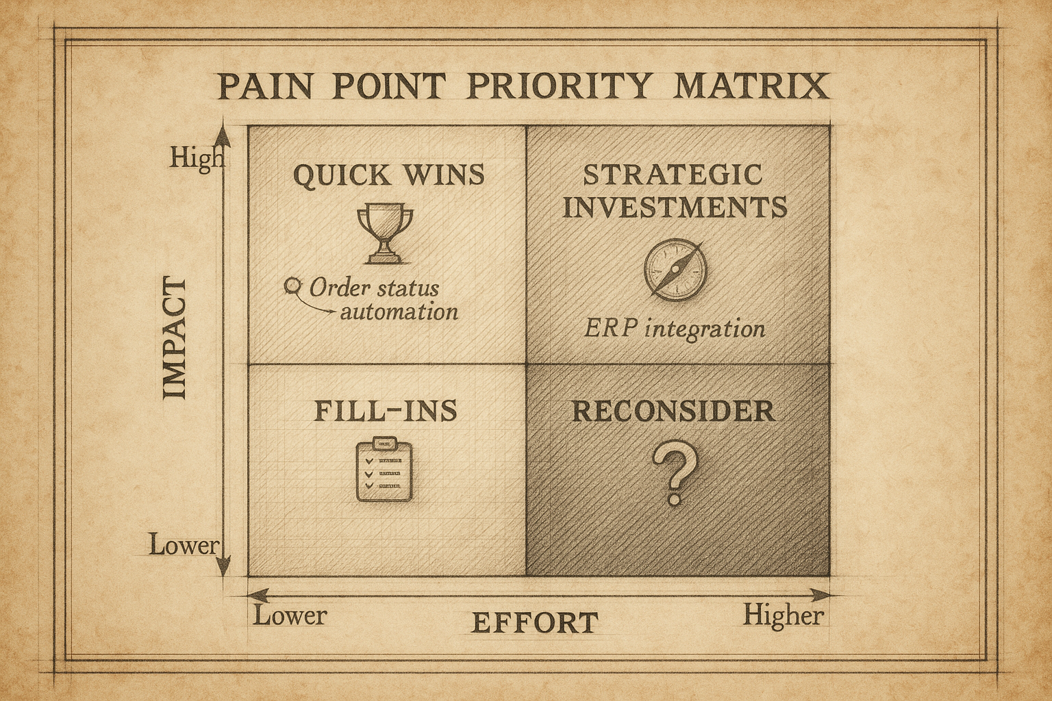 2x2 matrix plotting opportunities by impact and effort. Quick Wins in top-left, Strategic Investments in top-right. Order status automation and daily priority coordination appear as Quick Wins.