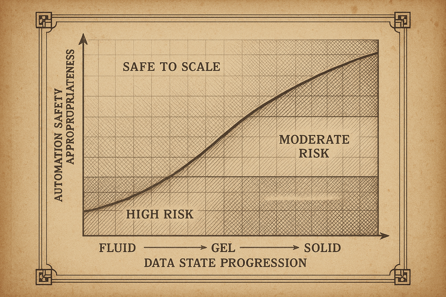 Automation risk curve showing safety increasing as data progresses from fluid to gel to solid states