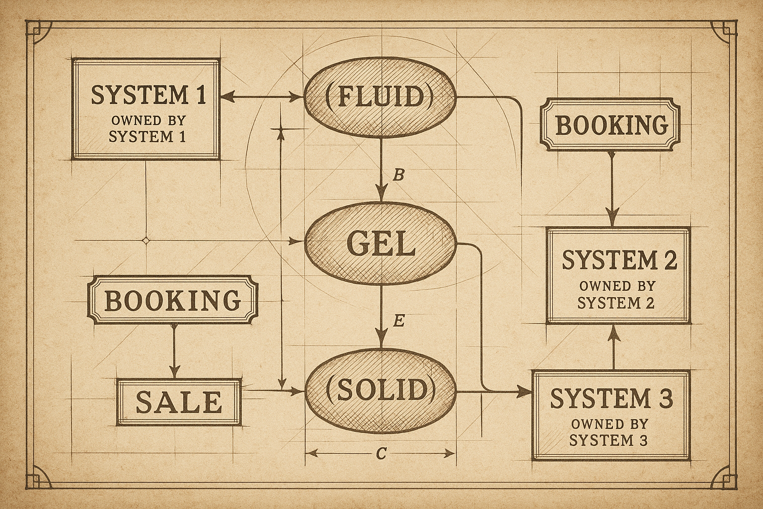Data flow diagram showing how data moves between systems as it transitions through fluid, gel, and solid states